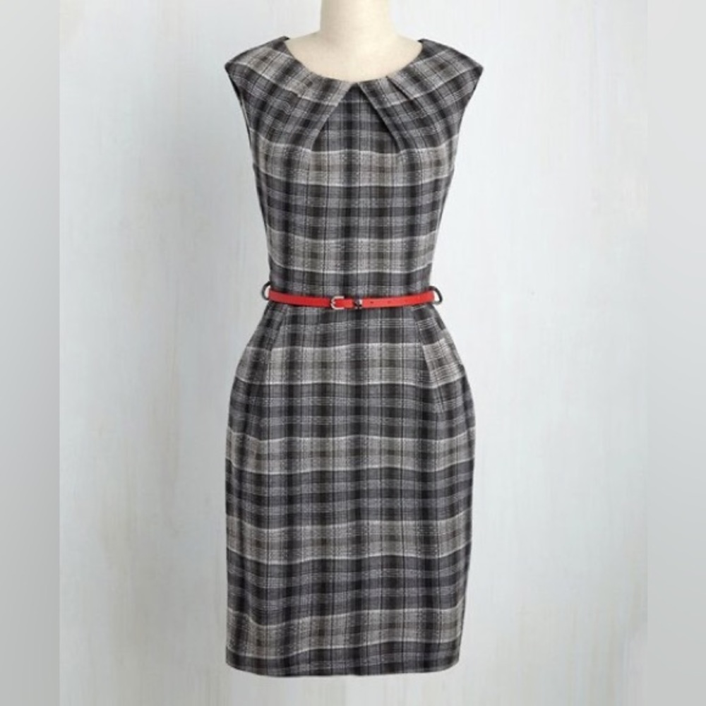 ModCloth teaching classy sheath dress in gray plaid NO BELT size M